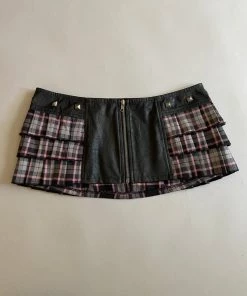 Vintage Lip Service Coated Black And Pink Plaid Peated Hem Micro Mini.