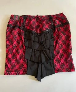 Vintage Lip Service For Torrid Red Satin & Black Lace Pencil Skirt Archive