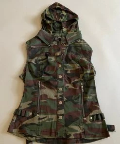 Vintage Lip Service Womens Green Camo Snap Up Vest
