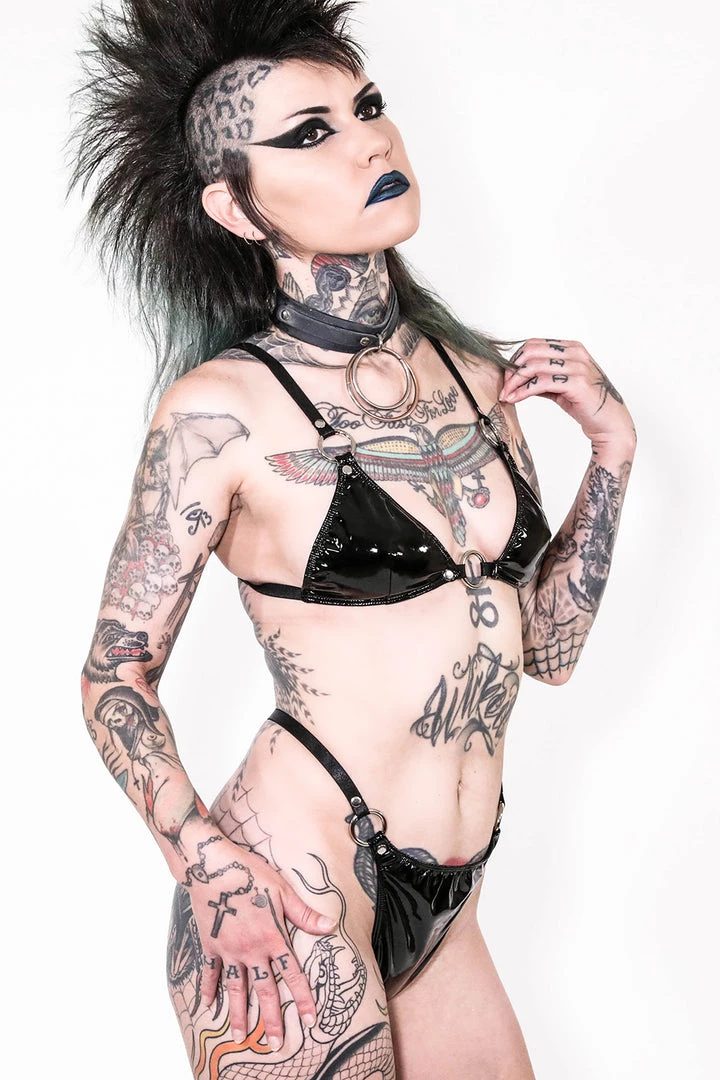 Lip Service Black Vinyl FETISH Bikini Bra Set NEW! 1 Lip Service Black Vinyl FETISH Bikini Bra Set NEW!