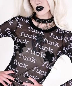 Lip Service FUCK Print Sheer Mesh Long Sleeve Top