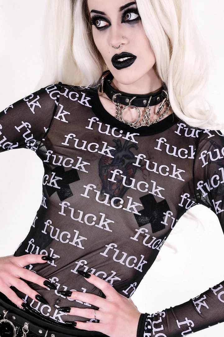 Lip Service FUCK Print Sheer Mesh Long Sleeve Top 1 Lip Service FUCK Print Sheer Mesh Long Sleeve Top